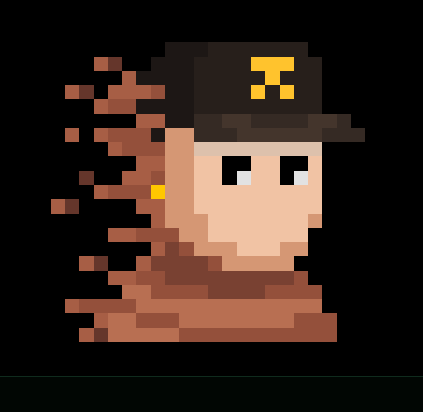 Pixel art of a brown character wearing a backwards baseball cap with a yellow symbol, dissolving into brown pixel particles on the left side.