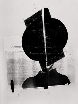 An abstract black and white artwork featuring bold black geometric shapes including a large circle and rectangular forms on a textured off-white background.