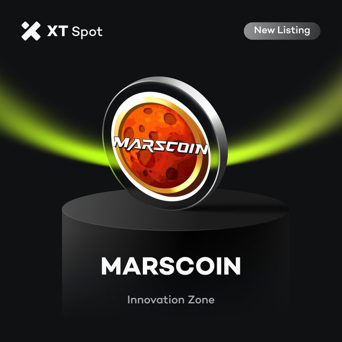 A promotional graphic for 'MARSCOIN' cryptocurrency listing on XT Spot, labeled as 'New Listing' and 'Innovation Zone' with a 3D rendered Mars coin.