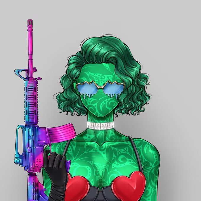 A digital illustration of a green-skinned female character with green curly hair, heart-shaped sunglasses, and a patterned body holding a pink and blue gradient rifle.