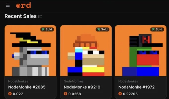 A screenshot from the ORD app showing 'Recent Sales' of three pixel-art 'NodeMonke' NFT characters, all marked Sold for small amounts of Bitcoin.