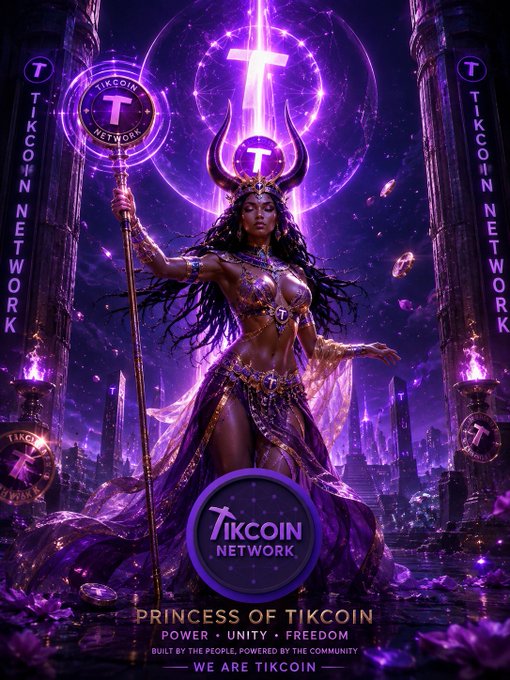 A fantasy illustration of a regal woman in purple and gold attire holding a staff, branded with 'TikCoin Network' logos and text reading 'PRINCESS OF TIKCOIN, POWER, UNITY, FREEDOM, BUILT BY THE PEOPLE, POWERED BY THE COMMUNITY, WE ARE TIKCOIN.'
