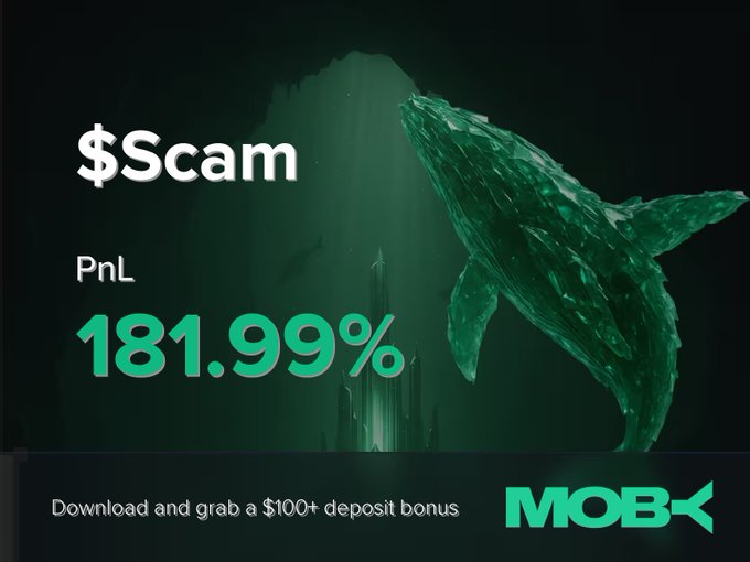 A promotional graphic for Moby Mobile featuring a green-tinted whale emerging from dark waters with light rays, displaying "$Scam" with a PnL of "181.99%" in green text, and a bottom banner advertising a "$100+ deposit bonus" alongside the Moby logo. The image celebrates a trader who closed a $Scam position at +181.99% profit, as the whale imagery symbolizes the successful "whale" trade and rising market cap from $69.8K to $3.27M.