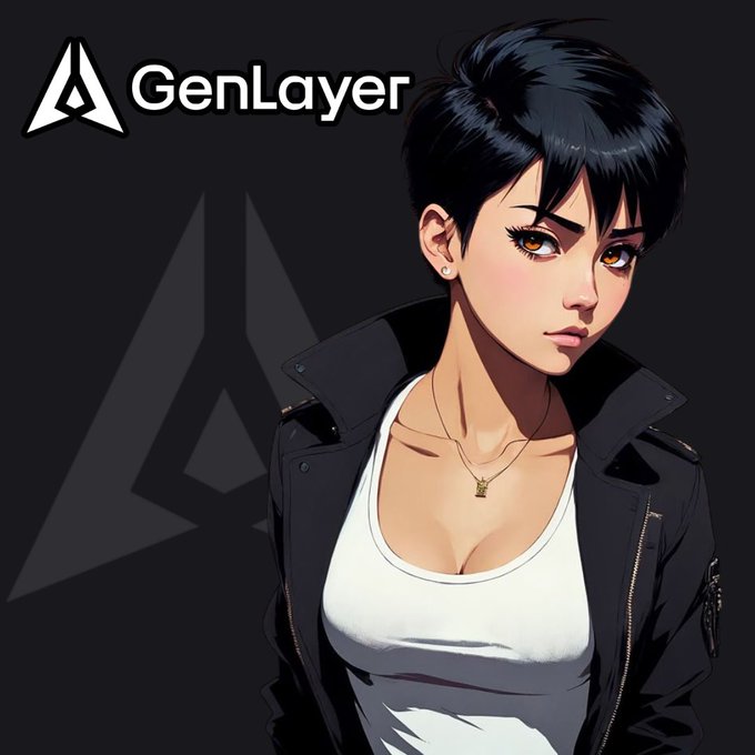 Anime-style illustration of a dark-haired woman with brown eyes wearing a black jacket and white top, with the GenLayer logo and branding in the upper left corner.