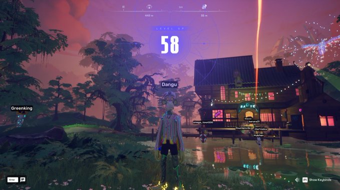 A video game screenshot showing a character named 'Dangu' at 'Level XP 58' in a pink/purple twilight fantasy environment with a building labeled 'BA CTE'.