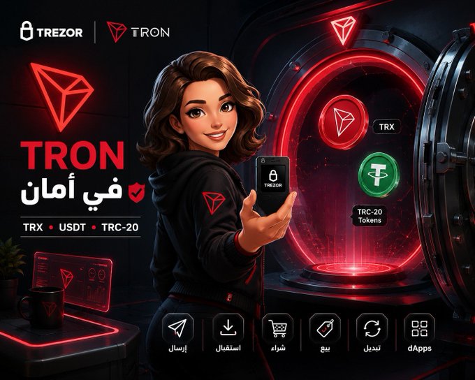 A stylized illustration shows a smiling woman in a black TRON-branded hoodie holding a Trezor hardware wallet, set against a glowing red vault-themed background featuring TRX and TRC-20 token icons. The image promotes Trezor's integration with TRON, highlighting secure storage and management of TRX, USDT, and other TRC-20 tokens directly through Trezor Suite, with Arabic text "في أمان" (meaning "in safety") reinforcing the security message.