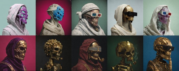 A collage of ten surreal portraits featuring figures with metallic golden and colorful skull-like faces, draped in white hooded cloaks and 3D glasses.