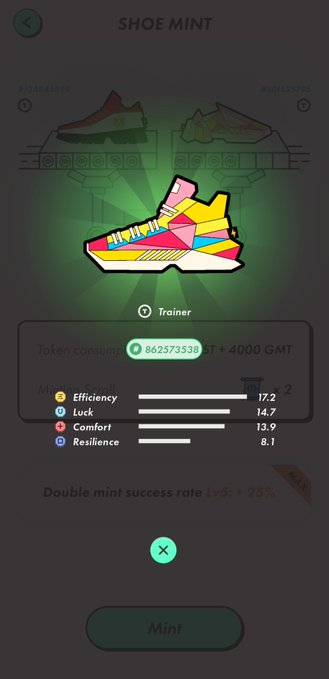 A 'SHOE MINT' interface screen from a digital sneaker app showing a colorful high-top sneaker NFT with trainer stats including Efficiency, Luck, Comfort, and Resilience.