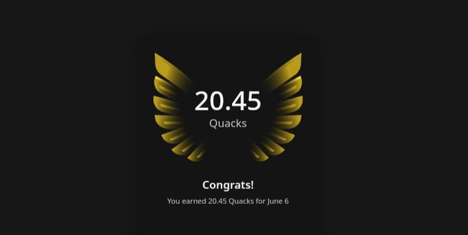 The image features a banner with gold wings and a "20.45 Quacks" logo behind them. The background of the banner is black, creating a striking contrast between the vibrant gold wing design and the dark backdrop. Below the banner, there's text that congratulates users for their engagement on the post about cryptocurrency, focusing specifically on "@wallchain". The overall layout suggests an advertisement or promotional piece related to cryptocurrency or an online platform.