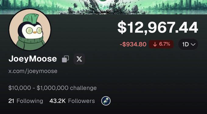A social media profile for 'JoeyMoose' showing a portfolio value of $12,967.44 (down $934.80 or 6.7%), part of a '$10,000 - $1,000,000 challenge' with 43.2K followers.