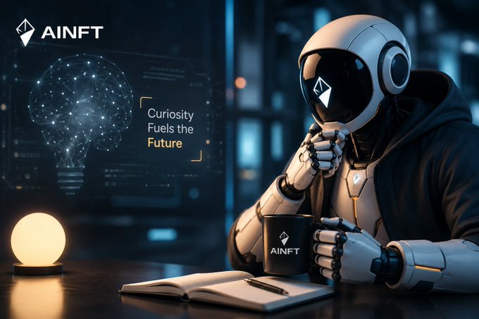 An AI-themed promotional image showing a humanoid robot sitting at a desk holding an 'AINFT' mug, with the tagline 'Curiosity Fuels the Future' and a glowing light bulb graphic.
