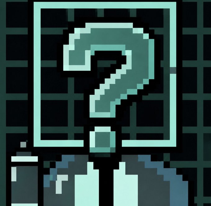 A pixelated teal question mark inside a square frame dominates the image, with a small pixel-art figure visible at the bottom. This visually represents the mystery and curiosity behind the new NFT collection being teased, as the post introduces "Pon Bros" with details about its 2222 supply and creator fee rewards while withholding full information—fittingly symbolized by the prominent question mark.