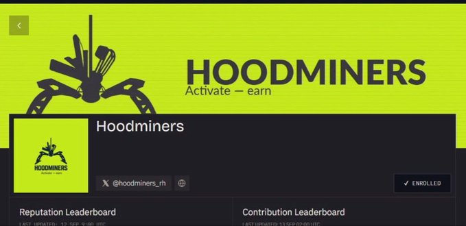 A webpage header for 'HOODMINERS' with the tagline 'Activate - earn,' featuring a green and black color scheme and an 'ENROLLED' button.