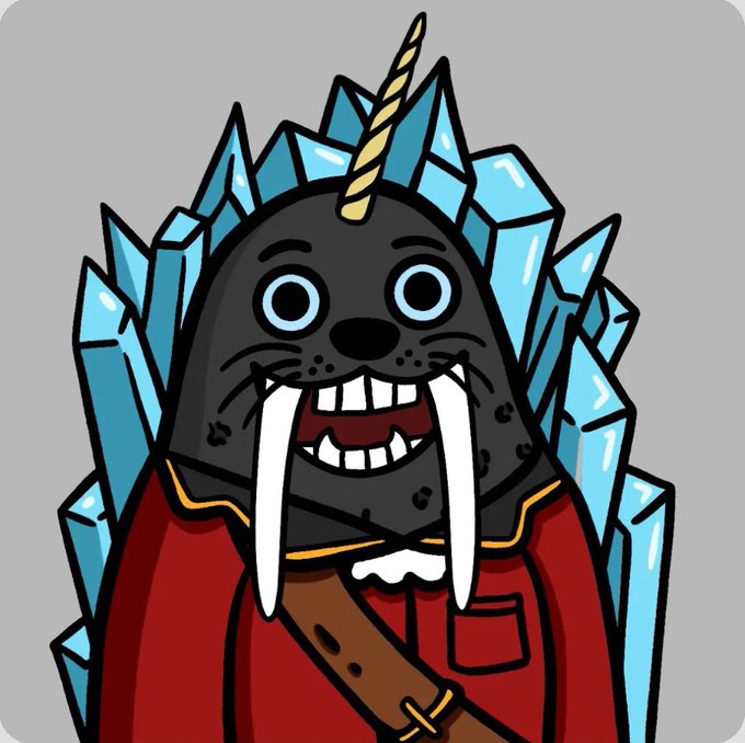 A cartoon illustration of a black walrus with large white tusks and a gold unicorn horn, wearing a red robe, sitting on a throne made of blue ice crystals.