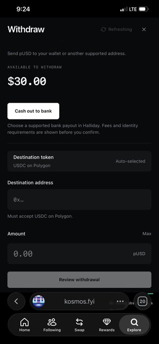 The image shows a mobile withdrawal screen displaying "AVAILABLE TO WITHDRAW $30.00" in pUSD, with options to cash out to a bank or send to a wallet address using USDC on Polygon. This visually confirms the $30 Kosmo reward mentioned in the post, showing the user the available balance they can withdraw from the kosmos.fyi platform.