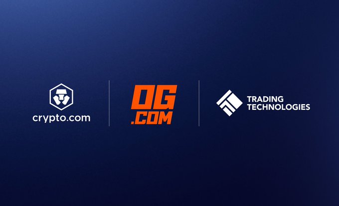 A partnership announcement graphic on a dark blue gradient background featuring the Crypto.com logo, "OG.COM" branding in orange, and the Trading Technologies logo side-by-side. The image visually represents the collaboration between the three companies to expand access to regulated prediction markets.