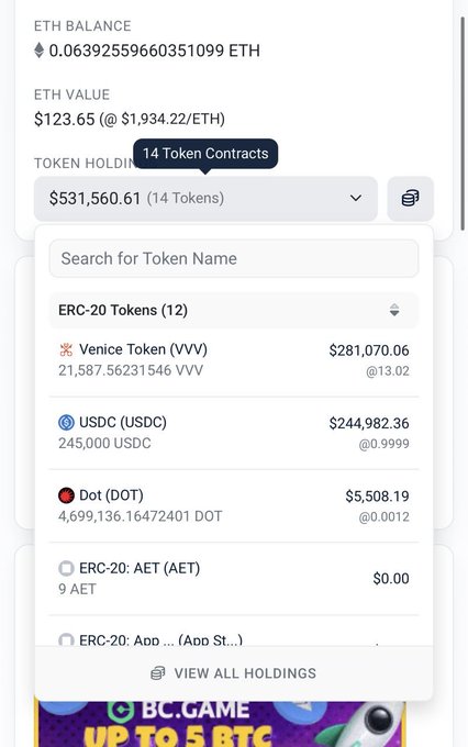 A crypto wallet dashboard displays holdings including 21,587.56 VVV ($281,070.06) and 4.69M DOT ($5,508.19) among 14 token contracts totaling $531,560.61, highlighting the VVV whale referenced in the post actively accumulating Polkadot's DOT token.