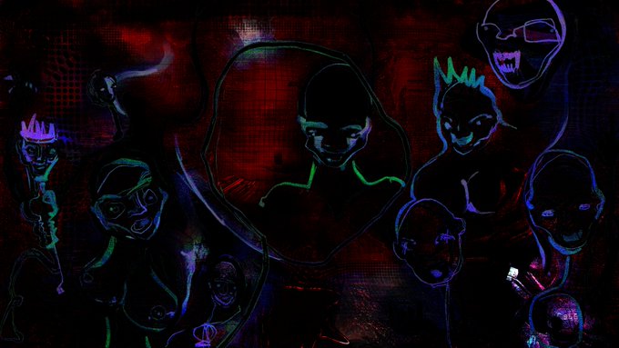 A dark, stylized digital artwork with neon red, green, and blue outlines depicting multiple eerie, monstrous character faces against a dark background.