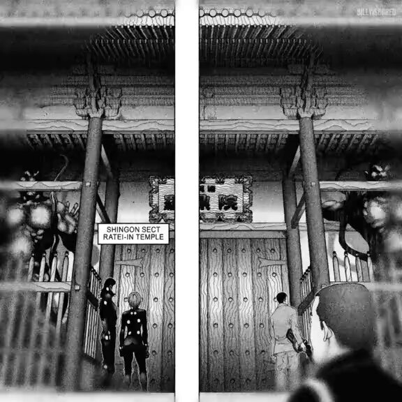 The image features a black and white illustration of Shagon Sect temple with people walking through its entrance. There are two people standing near the entrance, one person closer to the center of the image and another person further back towards the right side. The temple appears to be an old building with wooden doors and columns, giving it a historical feel. The post is titled "Happy Sunday from here Today is wistoria day and that is all that matters don'n't forget to check out @useTria perps, they are integrated with hyperliquid and decibel And @XOOBNetwork is ending this week, so are locked in?".