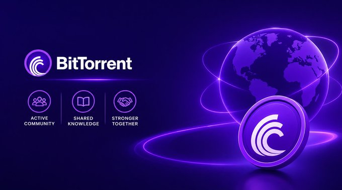A promotional graphic for BitTorrent featuring a glowing purple logo, a 3D coin, and a stylized globe, with three icons labeled 'ACTIVE COMMUNITY', 'SHARED KNOWLEDGE', and 'STRONGER TOGETHER' on a dark purple background.