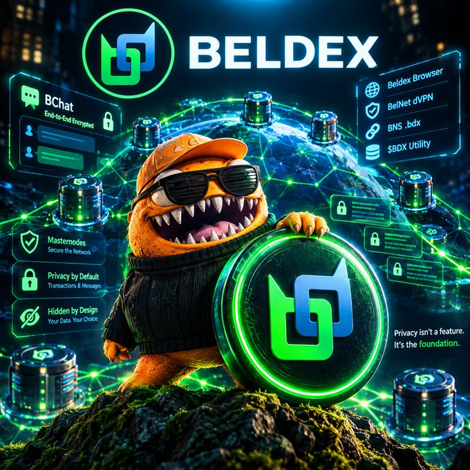 Promotional graphic for BELDEX featuring a cartoon orange dinosaur wearing sunglasses holding a logo, surrounded by features like 'BChat', 'Masternodes', and 'BelNet dVPN'.