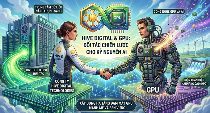 A promotional graphic in Vietnamese for HIVE Digital & GPU partnership, featuring an illustration of a businesswoman shaking hands with a futuristic cyborg, highlighting clean energy data centers and AI GPU technology.