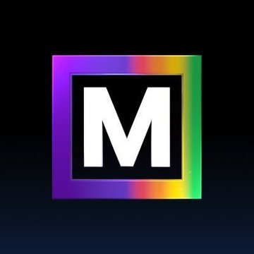 A logo featuring a white letter 'M' inside a black square with a rainbow-colored border on a black background.