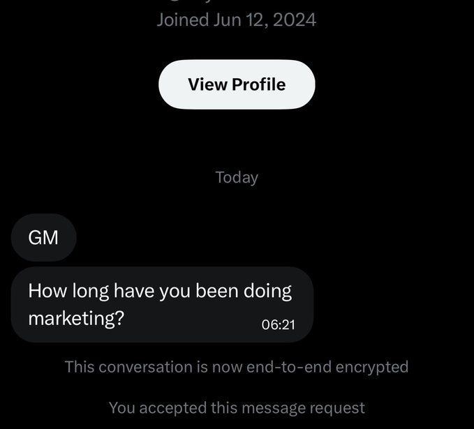 A screenshot of a DM conversation showing "GM" and the question "How long have you been doing marketing?" sent at 06:21, which the poster is answering by sharing their marketing experience since 2021.