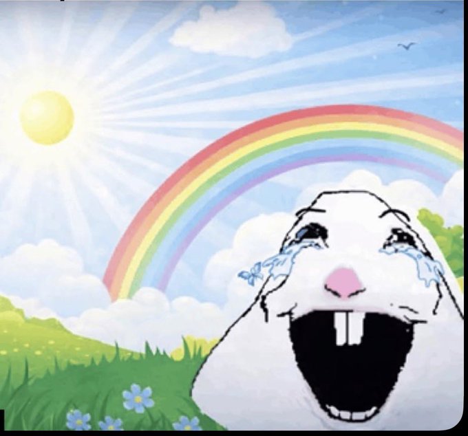 A cheerful cartoon rabbit weeps tears of joy against a backdrop of a bright sun and rainbow, ironically capturing the bittersweet sentiment of sunsetting the MegaMafia program after two successful years.