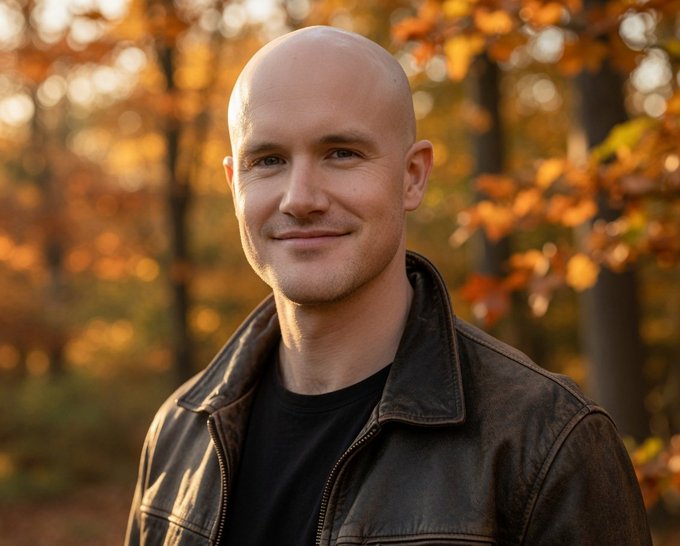 A bald man in a brown leather jacket smiles softly against a backdrop of autumn foliage bathed in golden light, evoking a sense of optimism and forward momentum that mirrors Coinbase CEO Brian Armstrong's hopeful message about regulatory clarity in crypto being closer than ever.