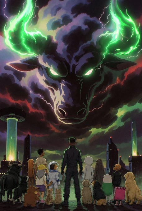 A group of diverse individuals and their pets stand together on a rooftop, gazing up at a massive, ominous bull-shaped storm cloud with glowing green horns and electric eyes looming over a futuristic cityscape. The image symbolizes "GM bulls" (good morning bulls) with the demonic bull figure representing bullish market sentiment referenced by the crypto tickers $RTM and $ANSEM.
