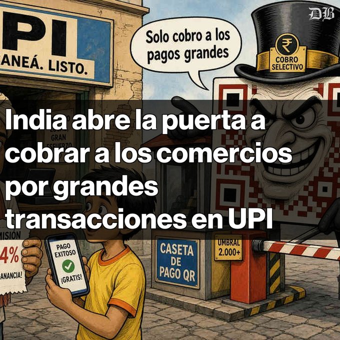 A cartoon shows a child holding a phone displaying "PAGO EXITOSO ¡GRATIS!" at a "CASETA DE PAGO QR" with a "UMBRAL 2.000+" sign, while a menacing figure in a "COBRO SELECTIVO" top hat declares "Solo cobro a los pagos grandes," visually illustrating India's potential new UPI fee structure where transactions above ₹2,000 could incur charges while smaller payments remain free—relevant to the post noting UPI processed 24,510 million payments in August.