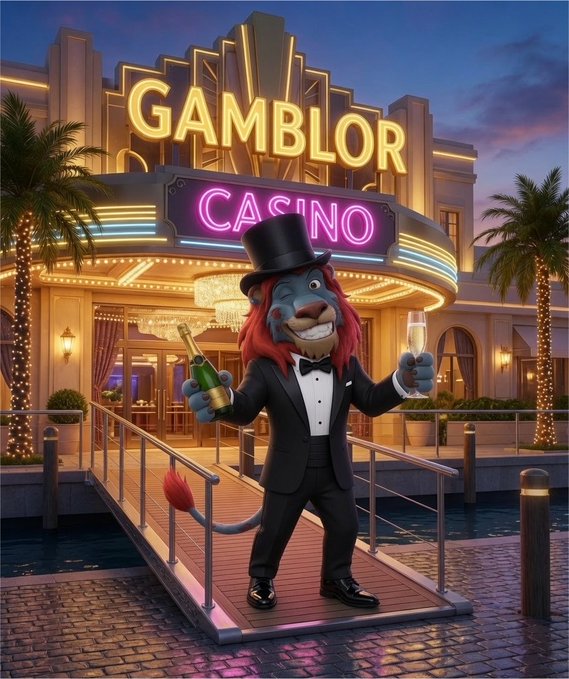 A 3D rendered anthropomorphic lion wearing a tuxedo and top hat, holding champagne and a glass, standing in front of the 'GAMBLOR CASINO' entrance with a flambé-tail detail.