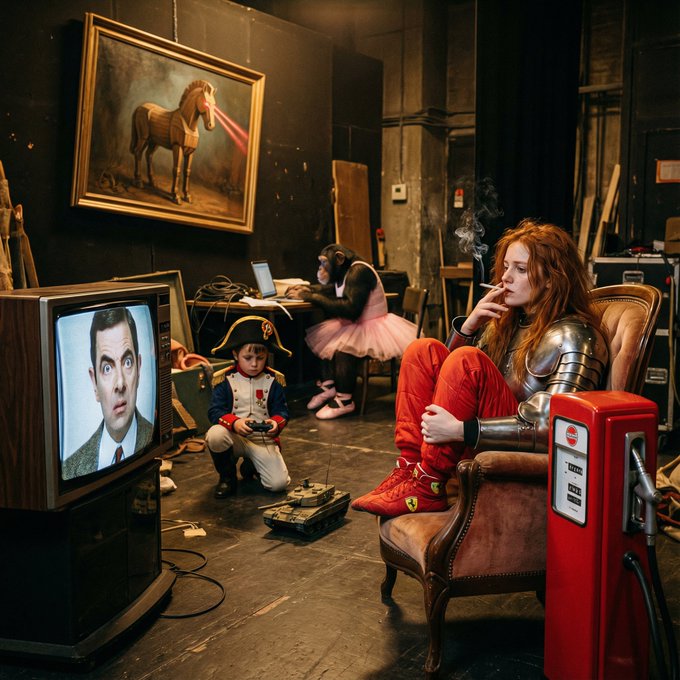 The image shows a woman sitting in an armchair, smoking a cigarette while watching TV. A child is playing with a toy car nearby, and another person is working at a desk with a laptop. The scene takes place in a room with a red gas pump as the main focus of the image.