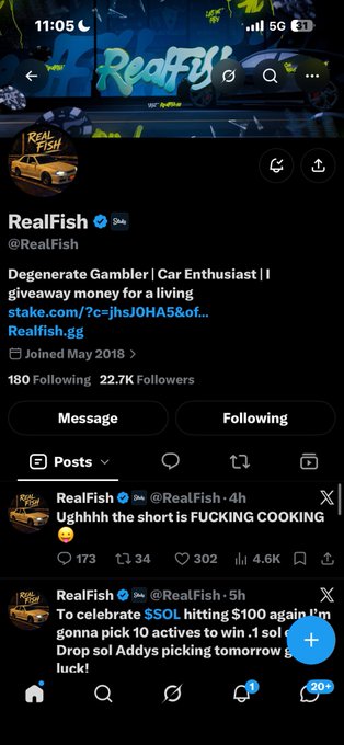 A Twitter/X profile page for @RealFish showing 22.7K followers, with the user described as 'Degenerate Gambler | Car Enthusiast | giveaway money for a living' along with recent tweets.
