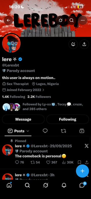 Twitter/X profile page for user 'lere' (@Lerexbt), showing 1.4K Following and 2.2K Followers, located in Lagos, Nigeria, with a pinned post reading 'The comeback is personal 😉'.