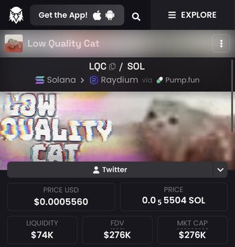 A screenshot of a cryptocurrency token page for 'Low Quality Cat' (LQC/SOL) on the Solana network, showing a price of $0.0005560 USD and a market cap of $276K.