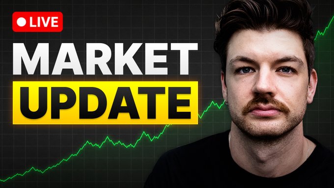 A thumbnail image for a live "MARKET UPDATE" stream featuring a man with dark hair and a beard against a background of a green upward-trending line chart, promoting crypto trading insights from analyst @ParadiseXBT_.