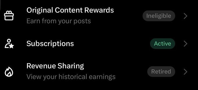 A dark-themed app menu showing 'Original Content Rewards' (Ineligible), 'Subscriptions' (Active), and 'Revenue Sharing' (Retired).