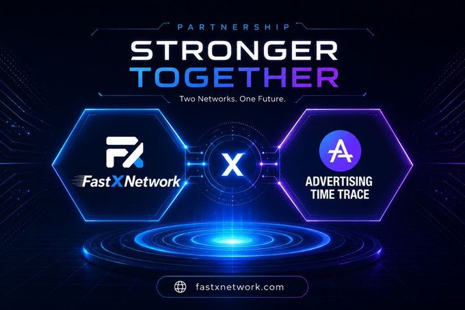 A promotional graphic for a partnership between FastX Network and Advertising Time Trace, reading 'STRONGER TOGETHER, Two Networks, One Future' and 'fastxnetwork.com'.