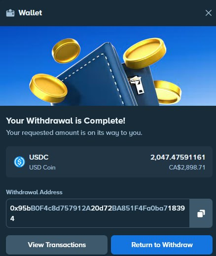 A 'Withdrawal Complete' confirmation screen for a Wallet app showing 2,047.47591161 USDC (CA$2,898.71) sent to a withdrawal address beginning with 0x95b80F4c8d757912A20d72BA851F4F40ba718394.