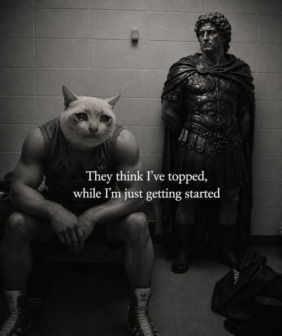 A muscular figure with a cat's head sits next to a Roman centurion statue, with text reading "They think I've topped, while I'm just getting started." The humorous meme ties to the post's bullish outlook, suggesting that despite $CASHCAT reaching $200M, the PFP generator is still in its early stages and has significant room to run, much like the long-term trajectory of leading meme coins from previous cycles.
