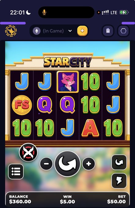 A mobile slot game called "STAR CITY" showing a spin with fox, cat, and card symbols, displaying a balance of $360.00 and a bet of $50.00.