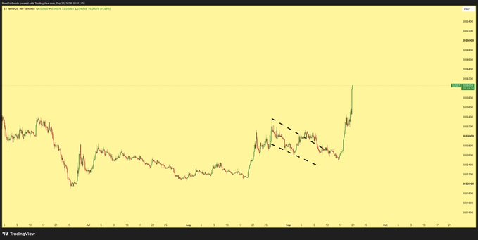 The image shows a TradingView chart of Solana ($SOL/USDT) with a dramatic upward price spike labeled "$SOLAND" in the title, featuring a technical annotation of a wedge/pennant pattern (outlined by dashed black lines) that preceded the breakout—illustrating the "mega pump" referenced in the post.