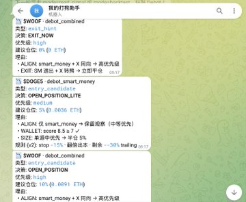 A smartphone screenshot of a trading assistant showing strategy configurations in Chinese, with entries for $WOO and $DOGE including parameters like 'SM 进攻', 'ALIGN', 'WALLET score 8.5', and 'SIZE 50%'.