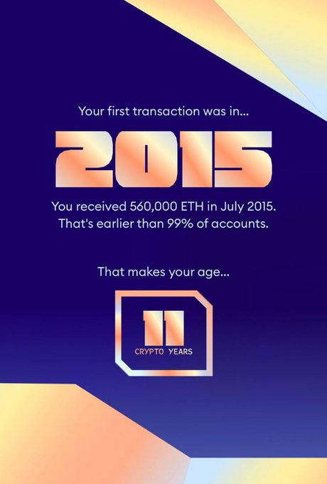 A graphic with a purple background showing 'Your first transaction was in... 2015' and 'You received 560,000 ETH in July 2015. That's earlier than 99% of accounts,' making the user '11 CRYPTO YEARS' old.