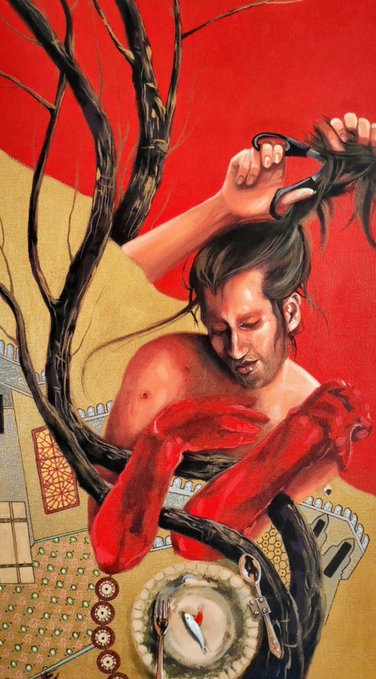 A surreal painting featuring a figure with red-stained hands cutting hair, intertwined with thorny vines against a red and tan background.