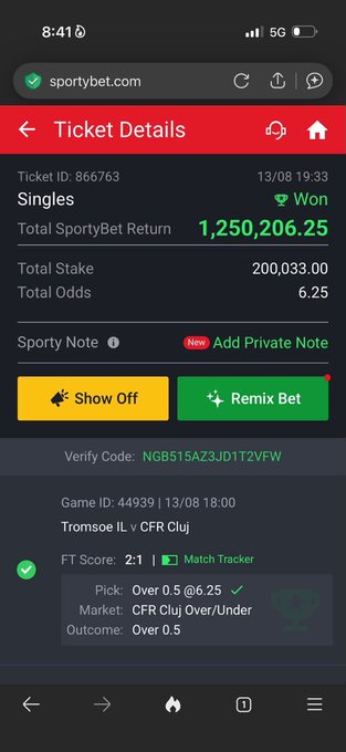 A SportyBet ticket details screen showing a winning ticket with a total return of 1,250,206.25 on a 200,033.00 total stake at 6.25 odds for a match between Tromsoe IL and CFR Cluj.