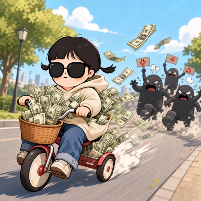 The image features a young girl riding a tricycle down a street, carrying stacks of money behind her. The scene includes several other people walking or running nearby, creating an atmosphere of excitement and anticipation. The caption provided by the post seems to be related to the girl's tricycle and the money she is carrying, possibly suggesting that this could be a part of a larger story or event involving the tricycle and the money it carries.