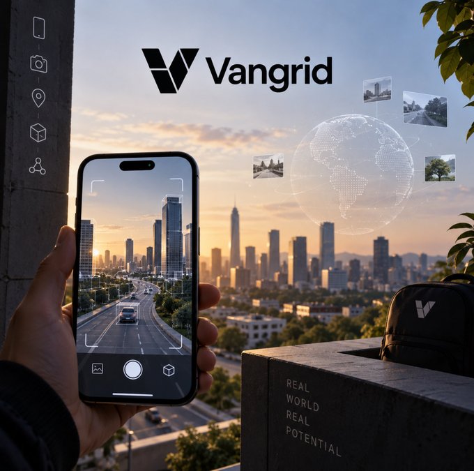 A promotional image for Vangrid showing a hand holding a smartphone capturing a city skyline, with a globe graphic, photo icons, and the tagline 'REAL WORLD REAL POTENTIAL' on a concrete surface.